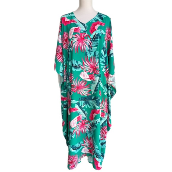 0095/ Tropical Leaves Pattern Kaftan, Hawaiian Mumu - Picture 9 of 11